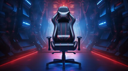 A black gaming chair situated in front of black backgrounds illuminated by red and blue lights. There's also space available for adding text. This is a 3D render - obrazy, fototapety, plakaty