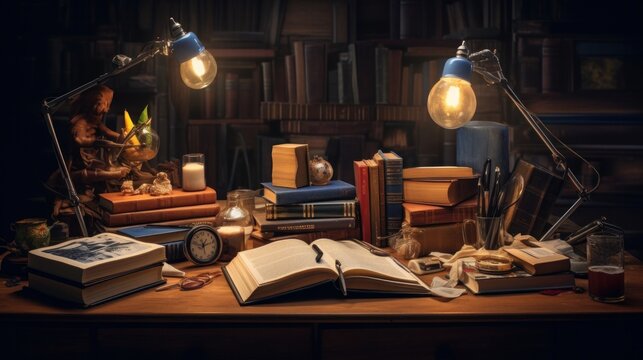 A scene depicting a stack of assorted books and various supplies arranged on a wooden table, accompanied by a bit of disorder, cups, and illuminated by a glowing lamp in a dimly lit room