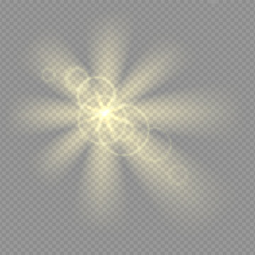 Sun aura radial light effect. Sunset or rise halo in camera lens. Starburst bokeh radiant background. Golden shine vector png illustration