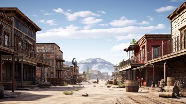 This expansive image provides a side view of a charming and rustic antique Western town, featuring a variety of quaint businesses and establishments that capture the essence of the Old West.