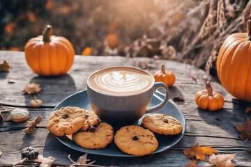 Obraz na płótnie Canvas still life of a cup of hot latte and cookies and pumpkins on an old wooden table against the background of beautiful autumn nature at sunset, decoration for Halloween