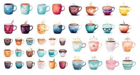 watercolor style illustration of glass of hot coffee in bright color cup, collection set, Generative Ai - obrazy, fototapety, plakaty