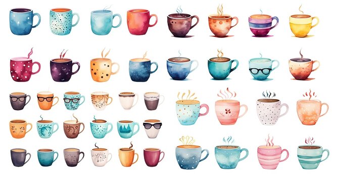 watercolor style illustration of glass of hot coffee in bright color cup, collection set, Generative Ai