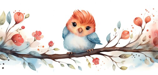 watercolor style cartoon illustration of a red blue bird on tree branch in autumn isolated on white background Generative Ai