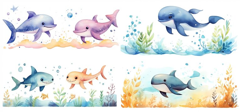  watercolor style cartoon illustration of dolphinm shark, whale, swimming in ocean, isolated on white background, collection set, Generative Ai