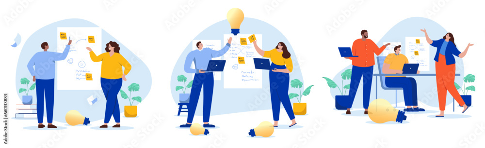 Aufkleber Business idea and innovation work - People in workshop working with sticky notes and solving problems in workshop and meeting. Flat design cartoon vector illustration with white background