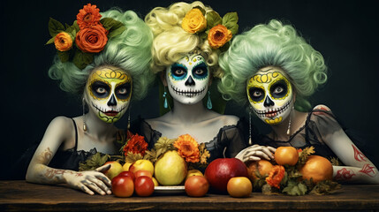 Children in costumes for the autumn holiday Halloween