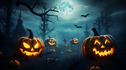 A dark and foggy Halloween night with a full moon, where only the pumpkins' glowing eyes are visible, Halloween, blurred background, with copy space