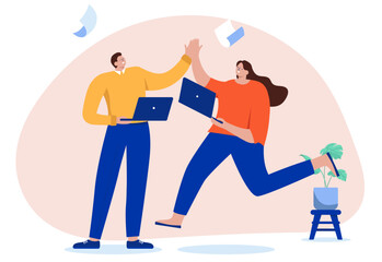 Work high five - Two happy businesspeople having a cool and awesome time at work, clapping hands together in celebration and positive attitude. Flat design vector illustration with white background