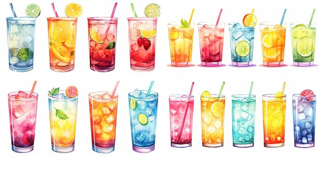 watercolor style cartoon illustration of bright color glass of cocktail , isolated on white background, collection set, Generative Ai