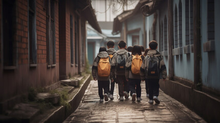 Little kids schoolchildren pupils students running hurrying to the school building for classes lessons from to the school bus. Welcome back to school. The new academic semester year start