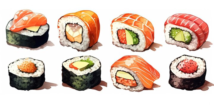 Naklejki watercolor style illustration of sushi Japanese traditional dish collection set, Generative Ai