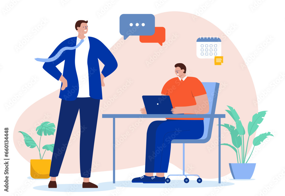 Poster conversation with manager - boss and employee having a talk and discussion at workers desk. flat des