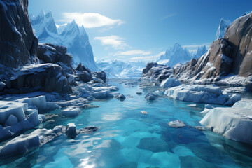 A melting glacier in a once-pristine wilderness, symbolizing the effects of climate change. Concept...