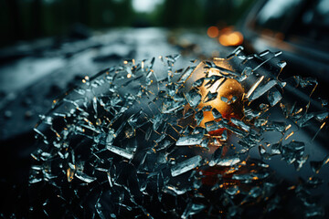 A shattered car windshield after a severe hailstorm, emphasizing the dangers of hail. Concept of hail damage. Generative Ai. - obrazy, fototapety, plakaty
