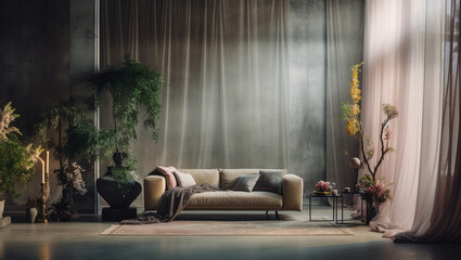 Wnętrze salonu pokoju z sofą firanami i roślinami domowymi - obrazy, fototapety, plakaty