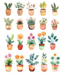 watercolor style cartoon illustration of cute flower pots blossoming in many type of flower , isolated on white background, collection set, Generative Ai
