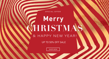 Discount Merry Christmas and Happy New Year 2024 Year in Red, Gold Colors. Creative Sale Xmas Design for Advertising, Web, Social Media, Poster, Banner, Cover. Special Offer 50%. Vector Illustration