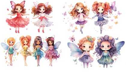 watercolor style cartoon illustration of cute fairy with bright wing wearing pretty dress, isolated on white background, collection set, Generative Ai - obrazy, fototapety, plakaty