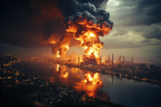 A chemical factory explosion releasing toxic clouds, posing a danger to the surrounding community. Concept of chemical factory explosion. Generative Ai.