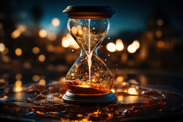 A pristine hourglass with sand flowing steadily from one bulb to another, illustrating the unstoppable march of time. Concept of time's continuity. Generative Ai. - obrazy, fototapety, plakaty