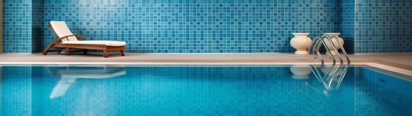 An indoor swimming pool with azure waters, the wall tiles around providing space for pool safety guidelines or art. - obrazy, fototapety, plakaty