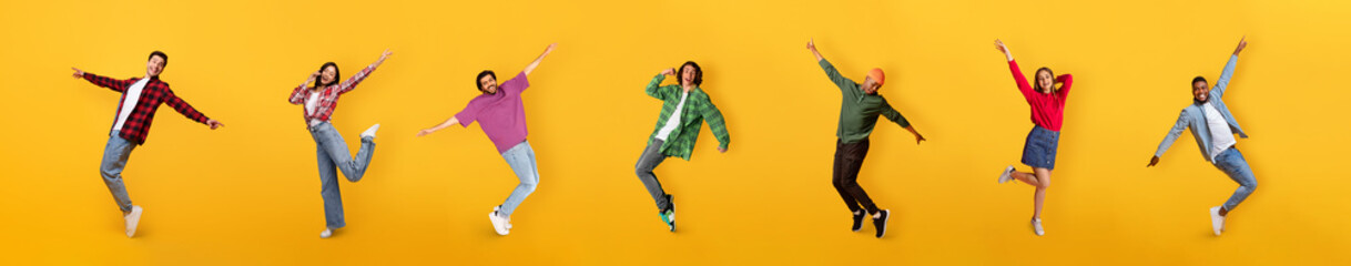 Happy multiethnic millennials dancing on colorful orange backgrounds