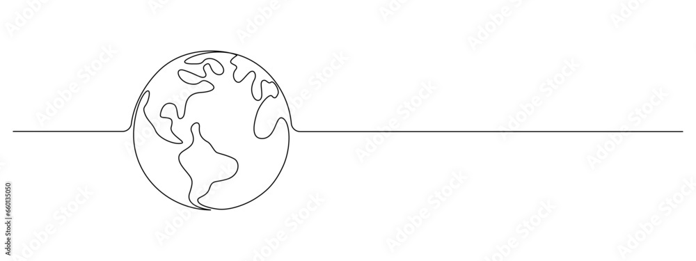 Poster one continuous line drawing of earth globe. world map in simple linear style. travel and flight conc