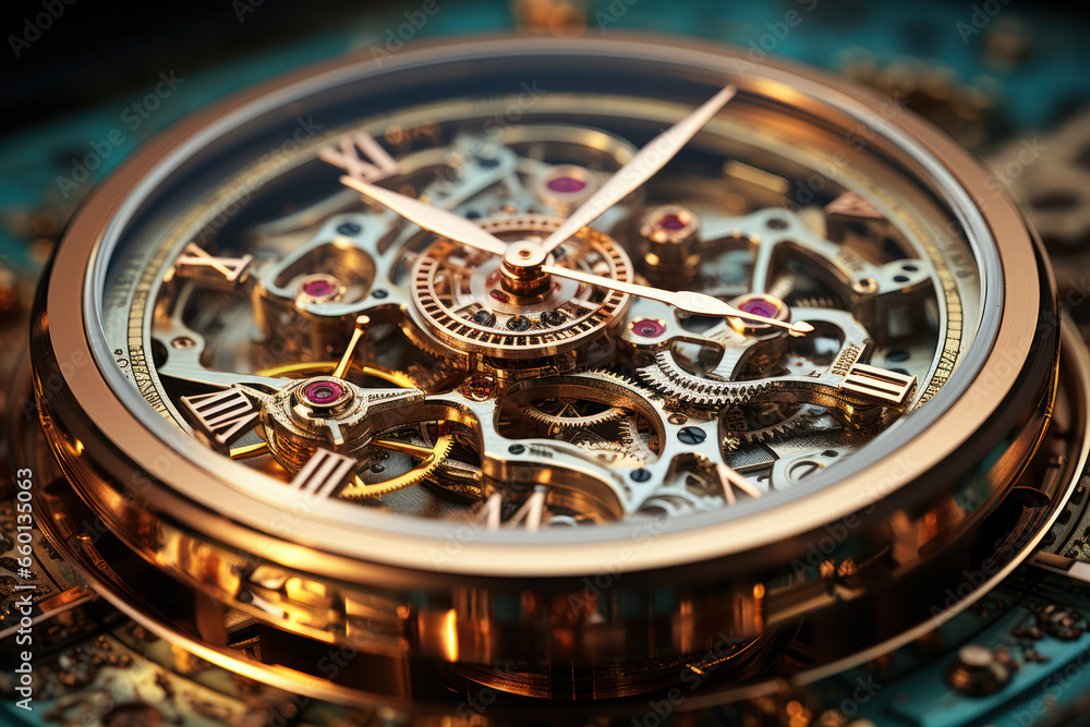 Poster a clock with intricate gears and cogs, highlighting the complexity of timekeeping mechanisms. concep