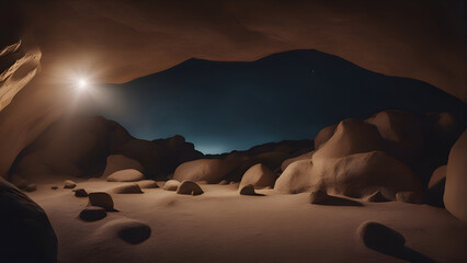 3D illustration of a cave in the desert with a full moon - obrazy, fototapety, plakaty