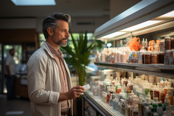 Fototapeta premium Man standing in front of a pharmacy counter.