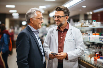 Pharmacist and customer in pharmacy next to shelves with medicines.