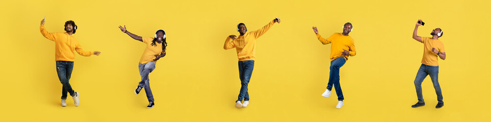 Multiracial young guys using phones and headphones on yellow, banner