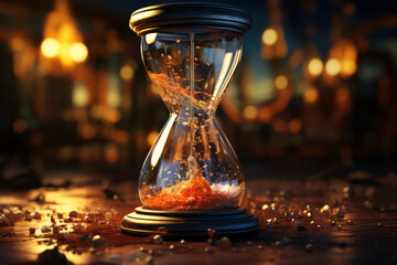 A broken hourglass releasing its last grains of sand, illustrating the finality of moments and the end of time. Concept of impermanence. Generative Ai.