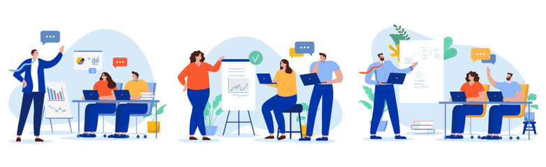 Obraz na płótnie Canvas People in business training collection - Set of illustrations with group of businesspeople talking courses, education and studying while discussing and learning together. Flat design vector