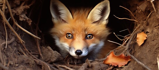 Naklejka premium close up face portrait of young red fox in hole, Generative Ai
