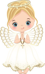 Nativity Cute Angel Girl Holding Cross. Vector Angel Little Girl