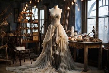 A dress on a mannequin in a room. Workshop