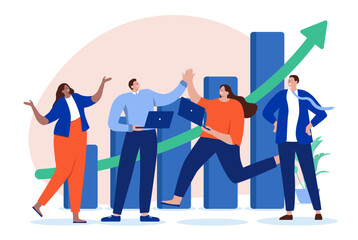 Successful business team - Businesspeople with rising graph cheering, smiling and celebrating success, growth and financial achievement. Flat design vector illustration with white background
