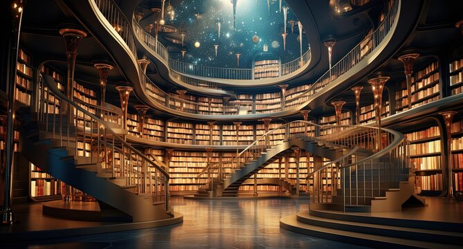 illustration of big luxury library with light glitter glow, Generative Ai