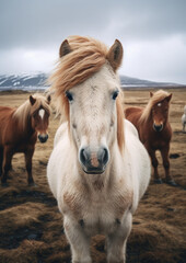 Obraz premium shaggy stocky Icelandic horses stand against a background of grassy hills and plains, animals, mane, pony, breed, north, Iceland, landscape, gait, wildlife, equine, bangs, sky, river