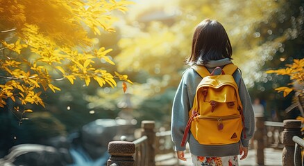 young Japanese girl wearing backpack walking in park, Generative Ai