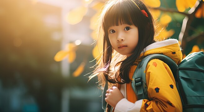 young Japanese girl wearing backpack walking in park, Generative Ai - Powered by Adobe