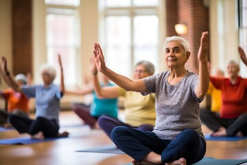 Fototapeta premium elderly woman practicing yoga pose in studio
