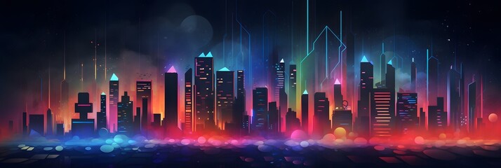 night city landscape with neon glow and vivid colors. - obrazy, fototapety, plakaty