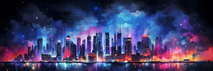 Raamstickers night city landscape with neon glow and vivid colors. © Tremens Productions
