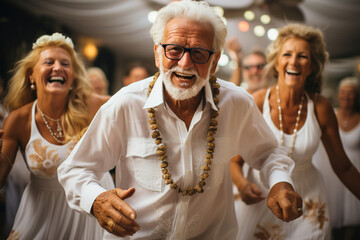 A group of old elderly people that are dancing together on party. - obrazy, fototapety, plakaty