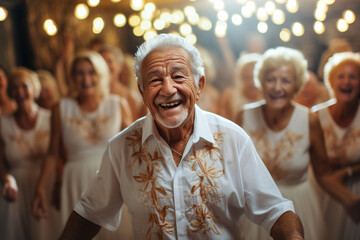A group of old elderly people that are dancing together on party.