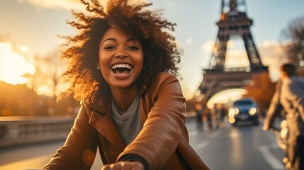 Happy young black woman riding bicycle in Paris.