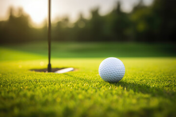 Close up golf ball with golf club on green grass field